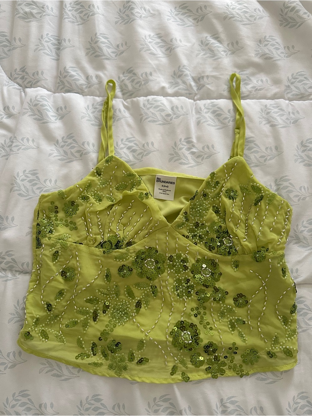 No Boundaries Lime Green Sequin Floral Spaghetti Strap Crop Top